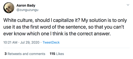 “White culture, should I capitalize it? My solution is to only use it as the first word of the sentence, so that you can't ever know which one I think is the correct answer.”