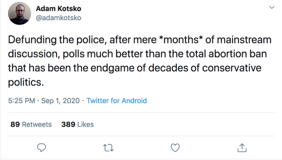 “Defunding the police, after mere *months* of mainstream discussion, polls much better than the total abortion ban that has been the endgame of decades of conservative politics.”